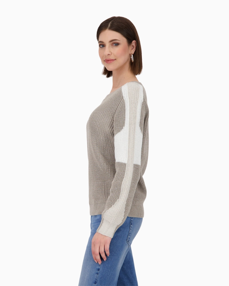 Side view of jumper highlighting relaxed fit and subtle colourblock design