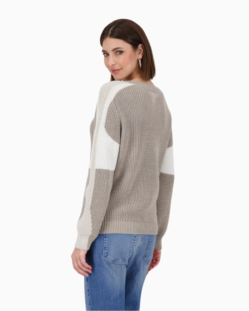 Back view of jumper showing sparkly Monari logo patch and dropped shoulders