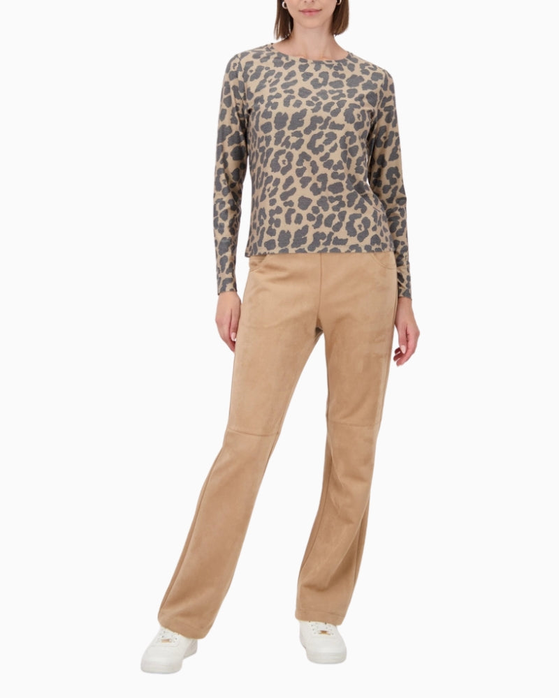 Monari leopard print long sleeve top styled with khaki trousers