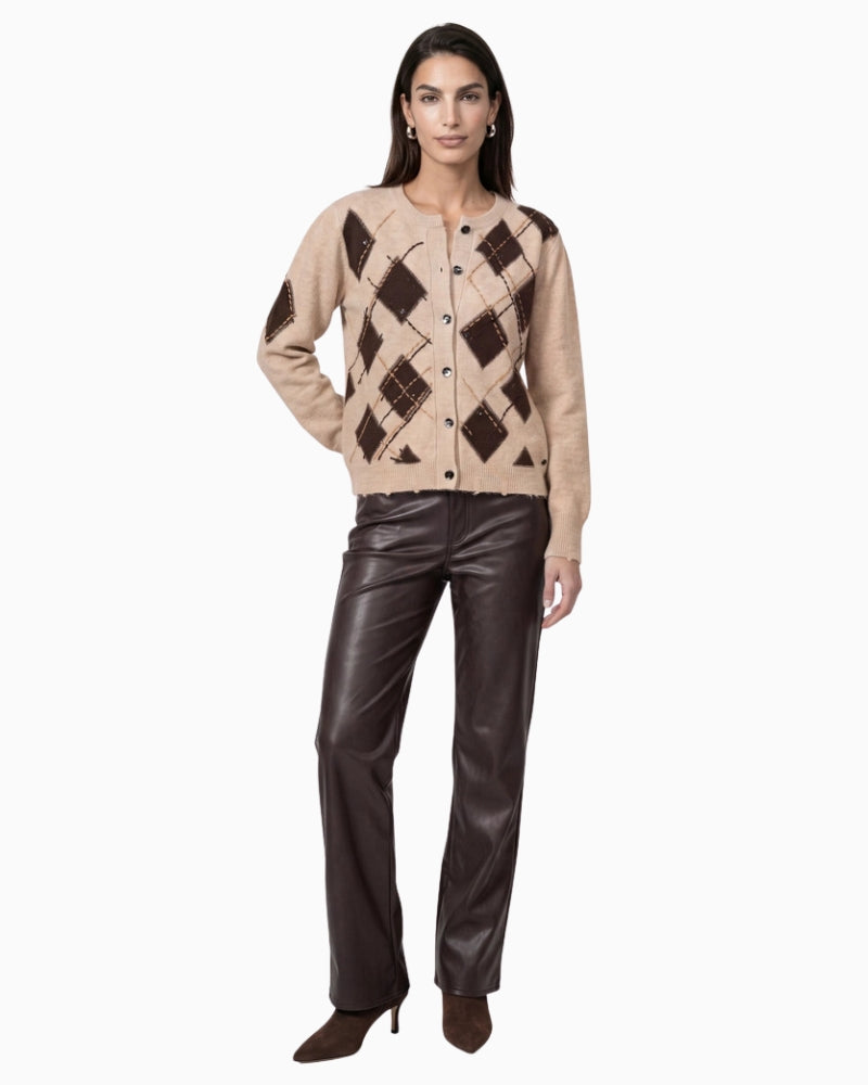 Monari PU Trousers in dark brown styled view