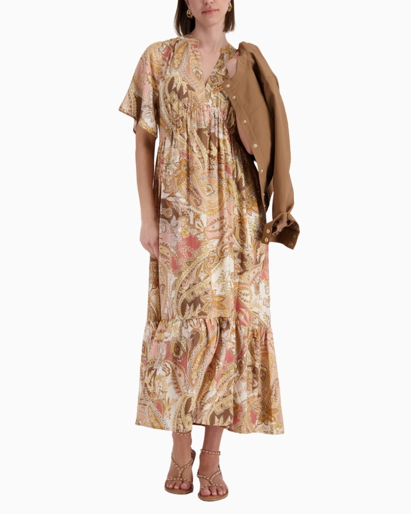 Monari Paisley Maxi Dress in Pink Beige and Brown front view