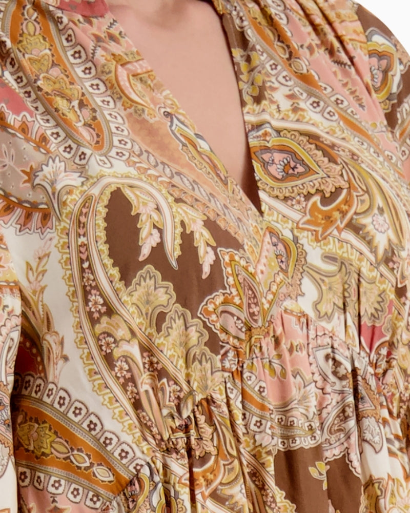 Monari Paisley Maxi Dress in Pink Beige and Brown neckline detail
