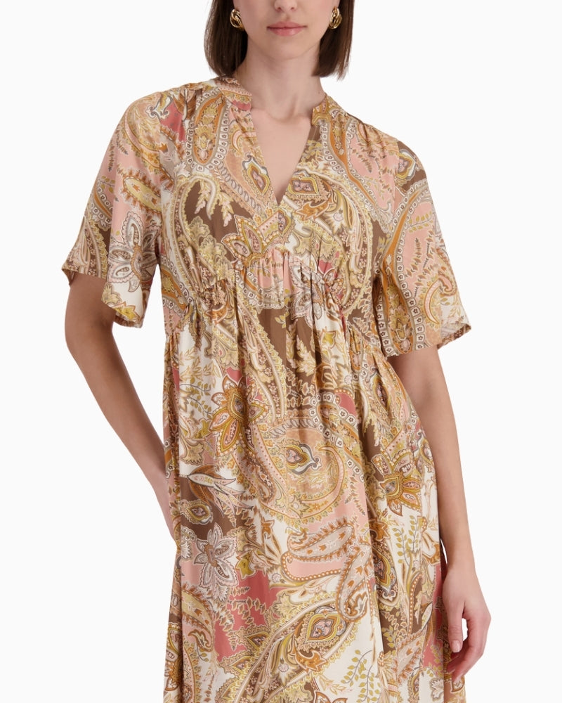 Monari Paisley Maxi Dress in Pink Beige and Brown print detail