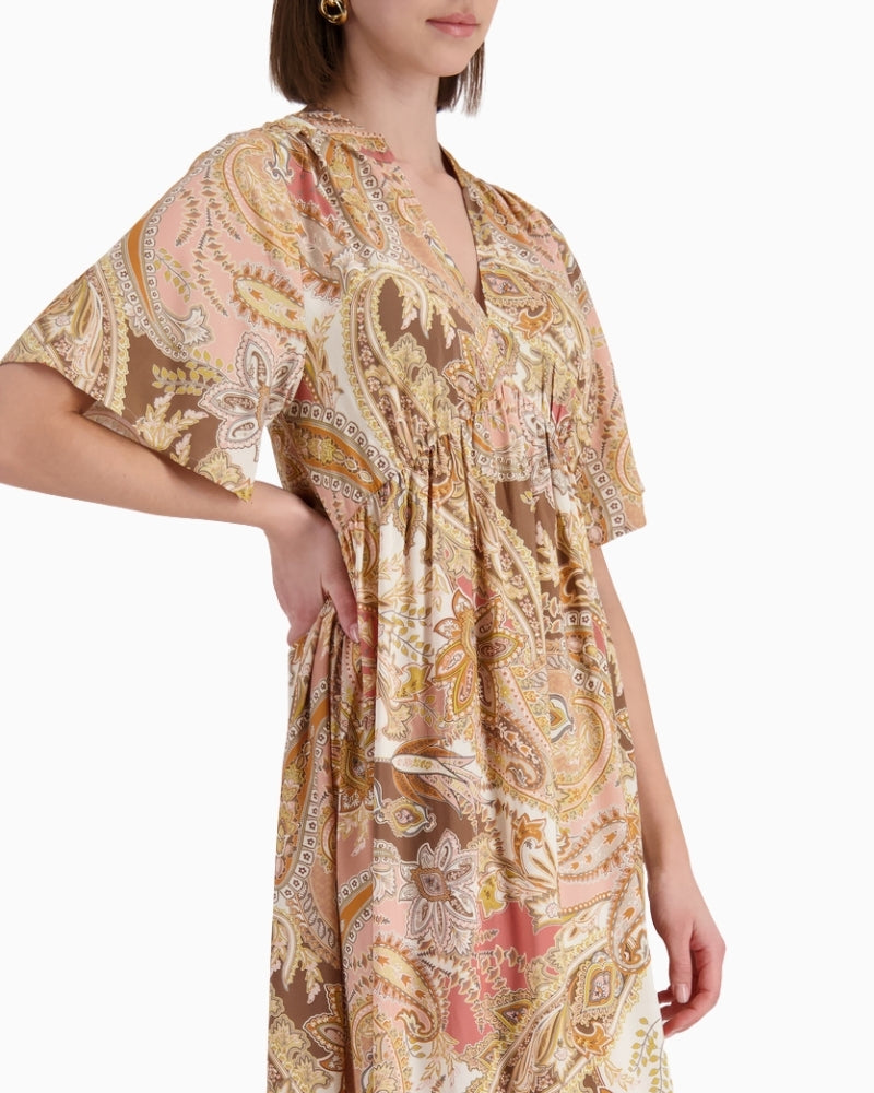 Monari Paisley Maxi Dress in Pink Beige and Brown sleeve detail