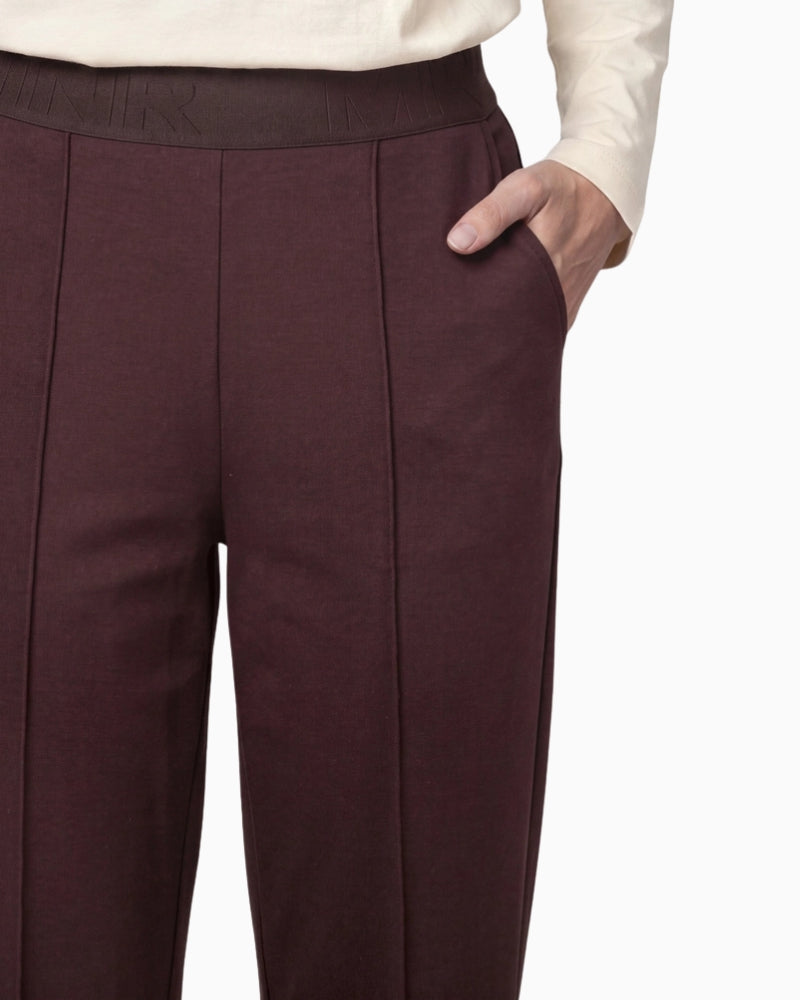 Monari Pull On Trousers in dark brown elasticated lettering waistband detail