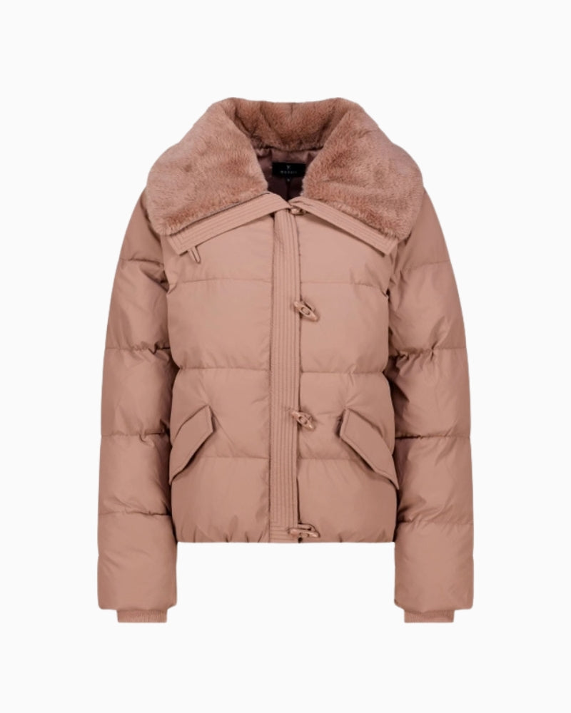 Monari Quilted Jacket with Faux Fur in light brown quilted finish detail