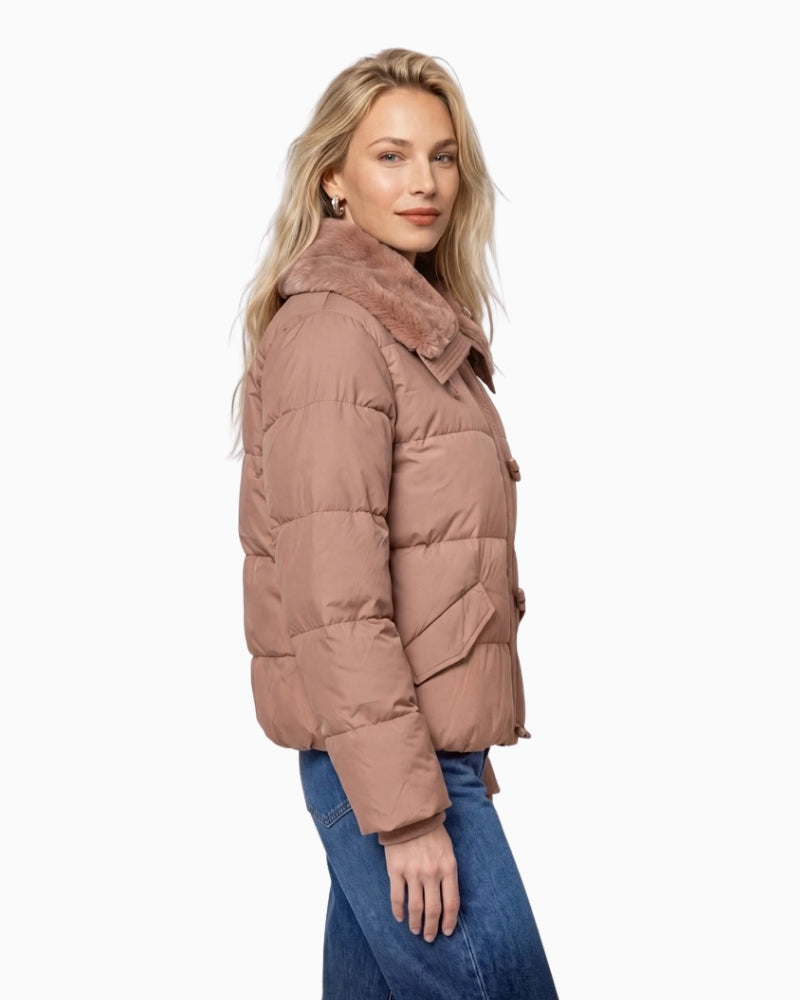 Monari Quilted Jacket with Faux Fur in light brown side view