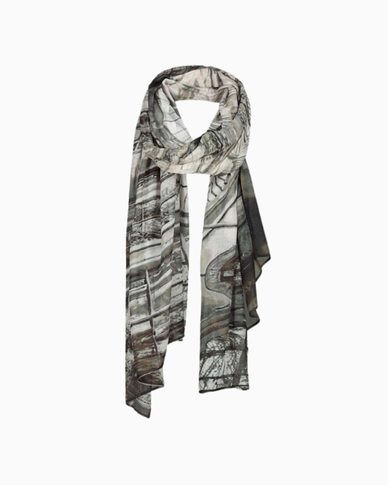 Monari scarf with gallery pattern viscose corner detail close-up – Áines Boutique