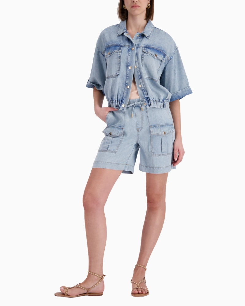 Monari Shorts With Flap Pockets in Blue Denim model worn front view