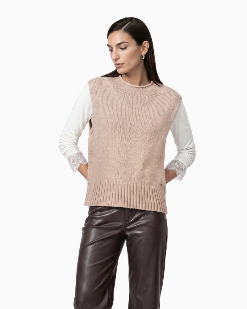 Monari Sleeveless Jumper with Stand-Up Collar in light beige front view