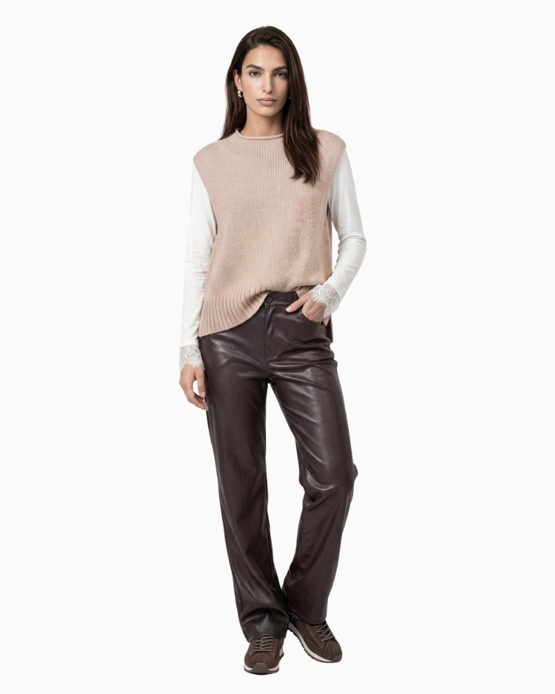 Monari Sleeveless Jumper with Stand-Up Collar in light beige styled view