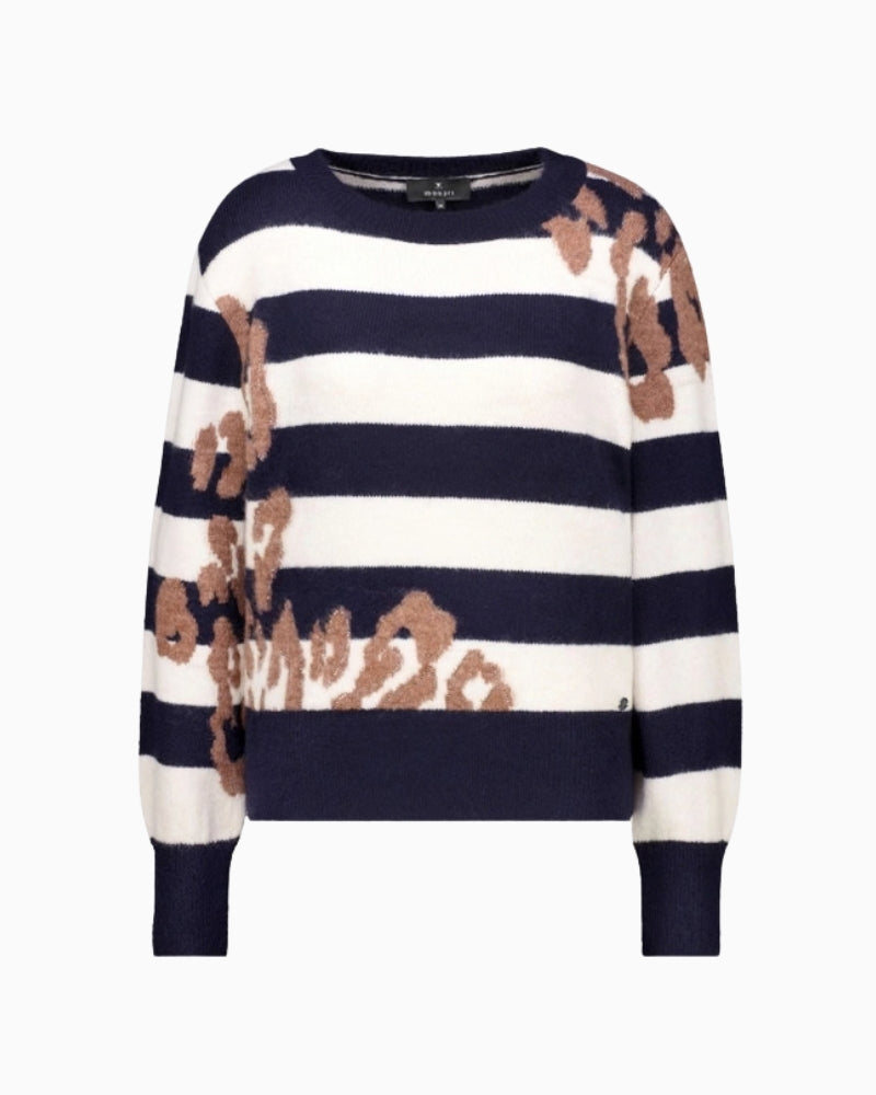 Monari Stripe & Leopard Print Jumper in navy stripe pattern detail