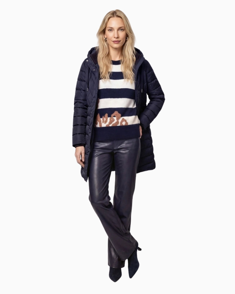 Monari Stripe & Leopard Print Jumper in navy stripe styled view