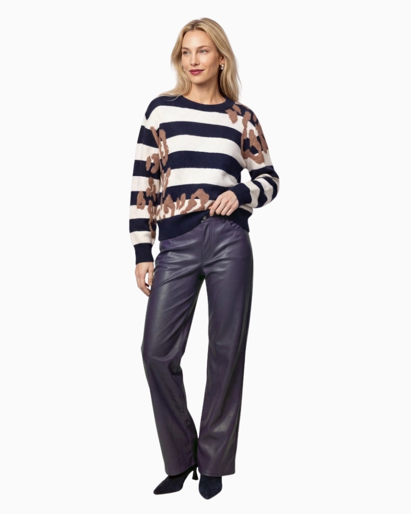 Monari Stripe & Leopard Print Jumper in navy stripe styled view