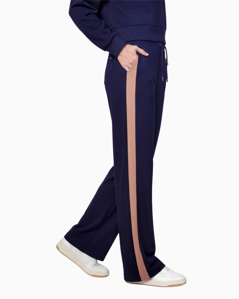 Monari Striped Straight-Leg Trousers in navy side stripe detail