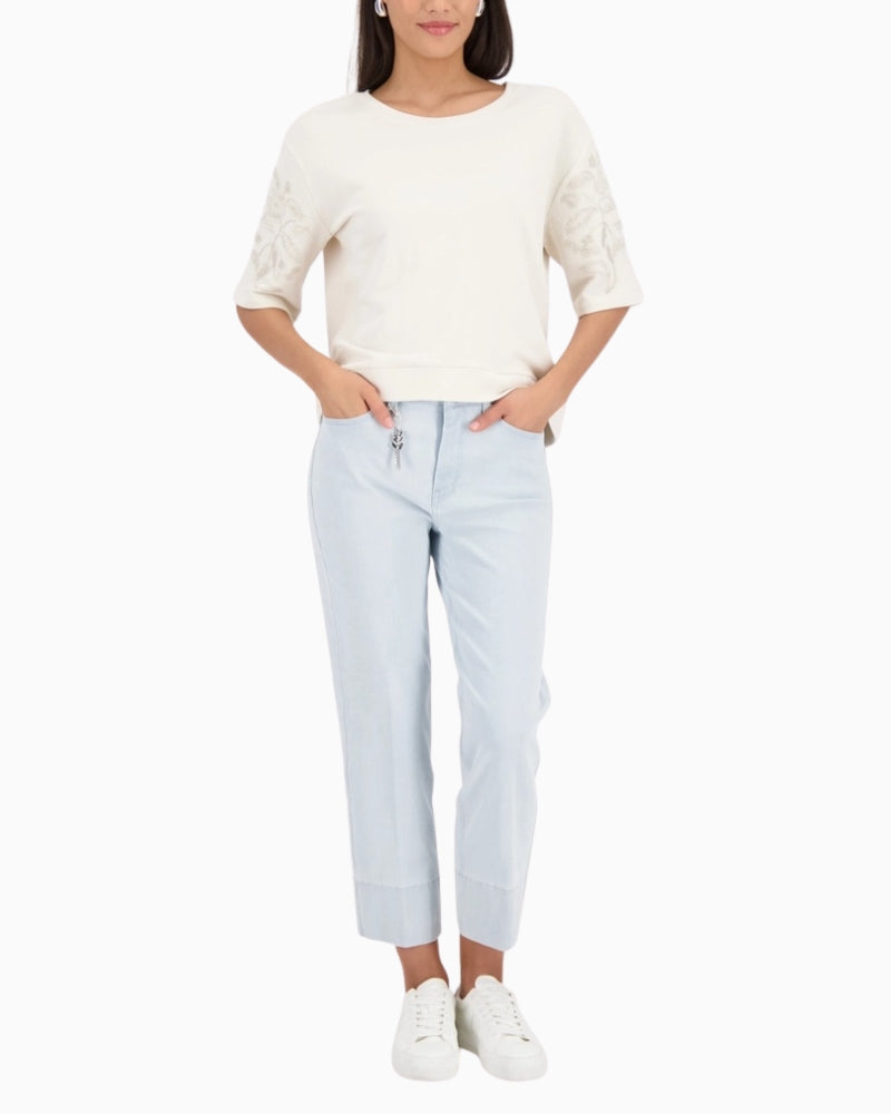 Woman wearing Monari Sweatshirt With Pearl Embellishment full length – Áines Boutique