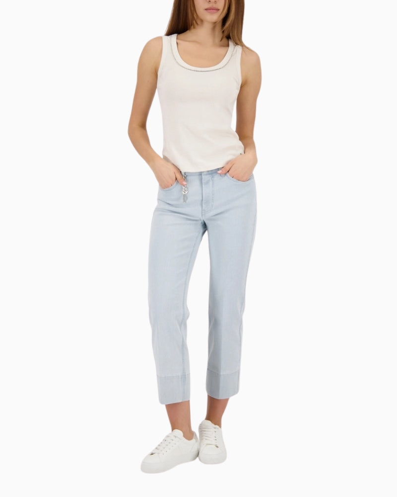 Woman wearing Monari Top With Embellished Collar front view – Áines Boutique