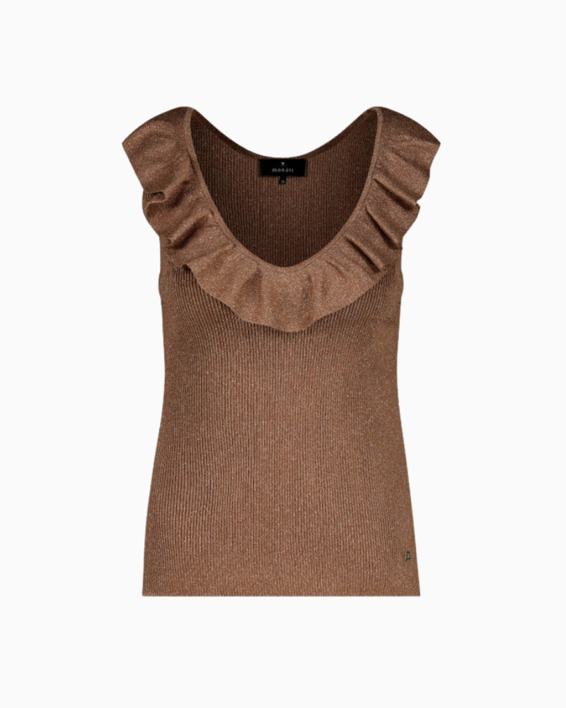 Monari Top with Ruffles in light brown ribbed texture detail