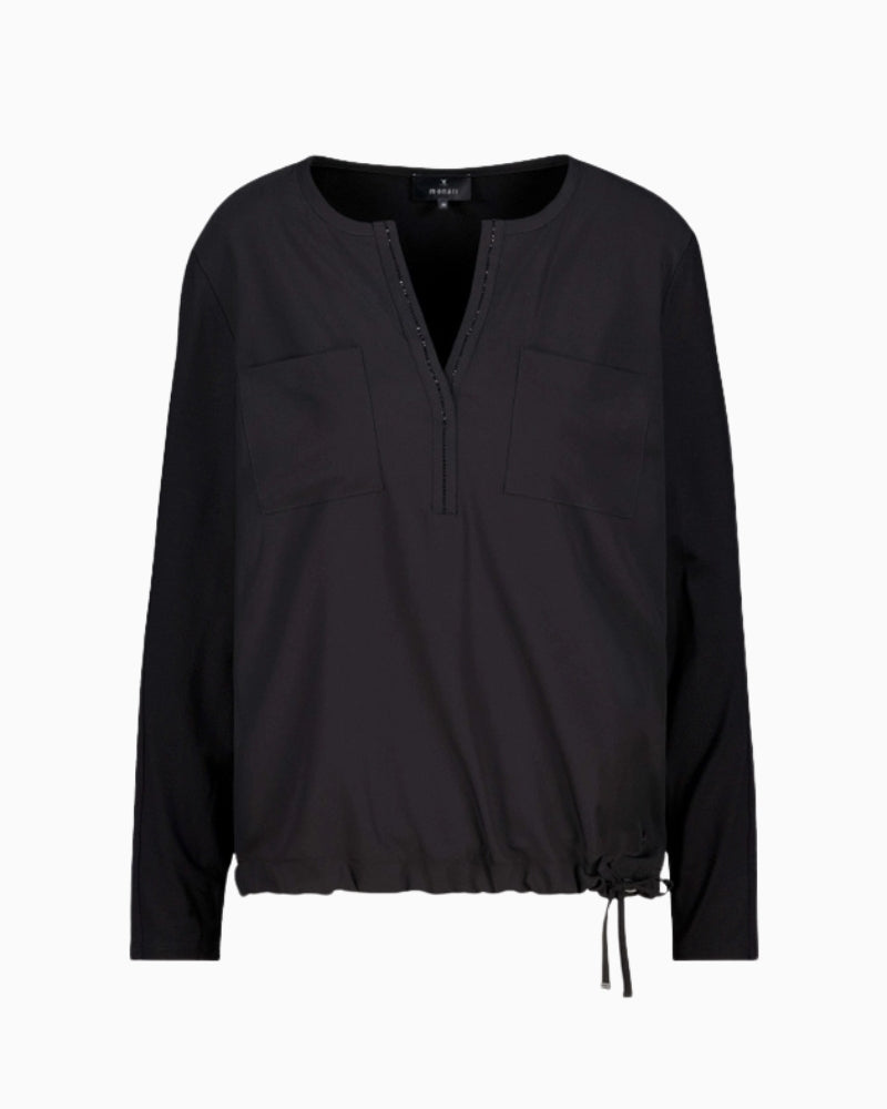 Monari V-Neck Blouse in black drawstring hem detail