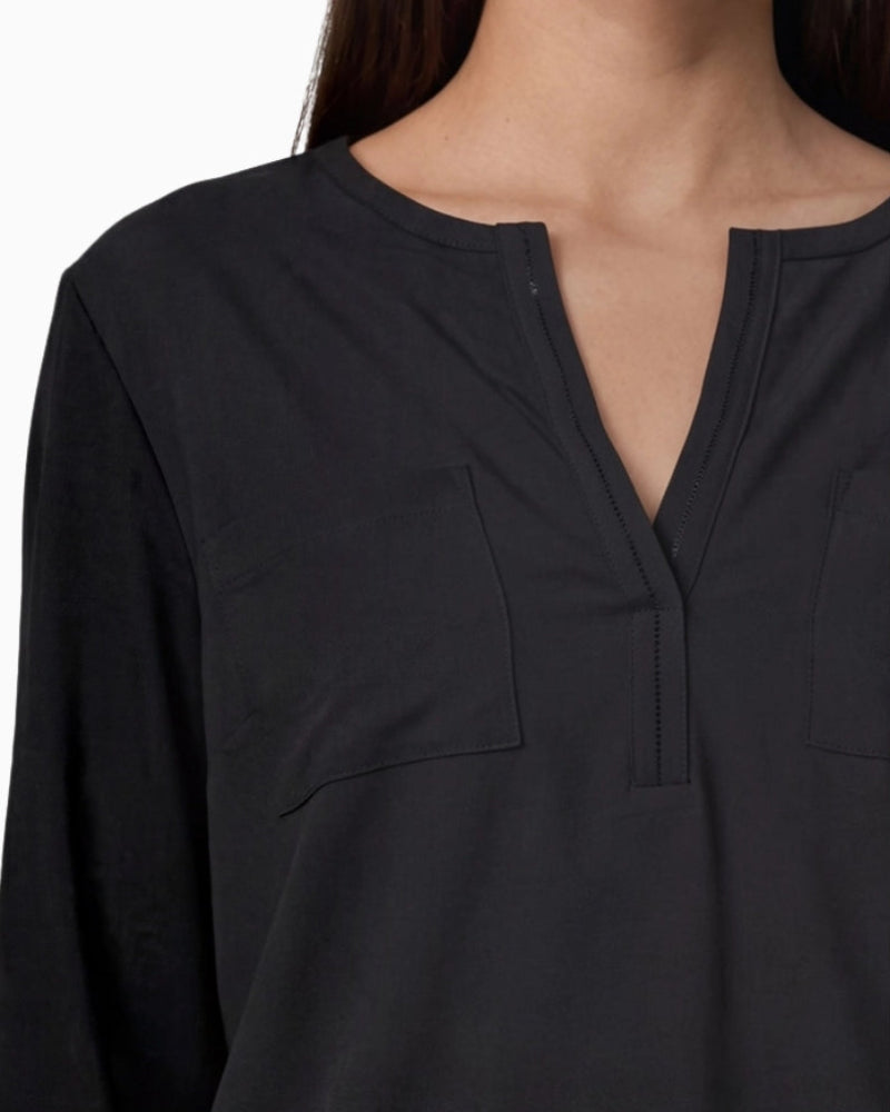 Monari V-Neck Blouse in black rhinestone neckline detail