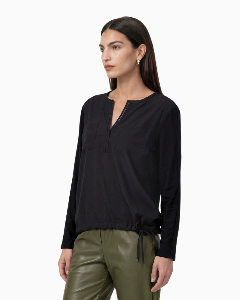 Monari V-Neck Blouse in black sleeve stripe detail