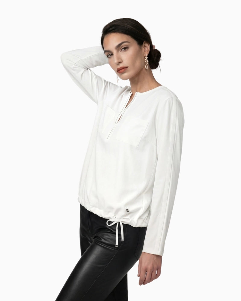 Monari V-Neck Blouse in off white sleeve stripe detail