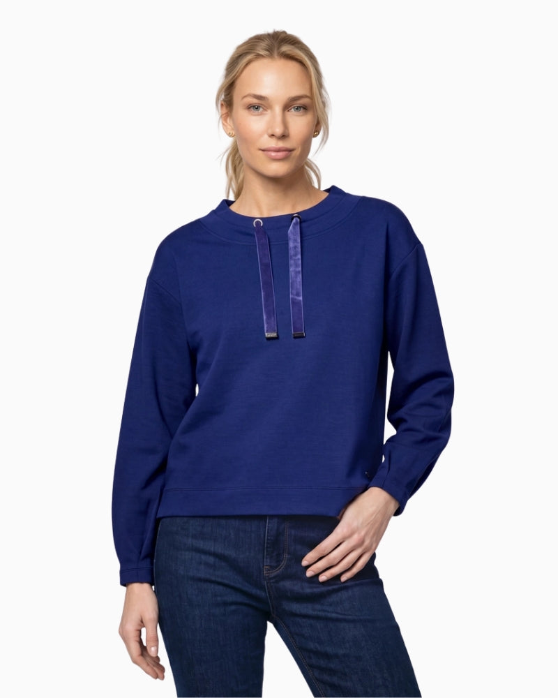 Monari Velvet Ribbon Trim Sweatshirt in navy front view