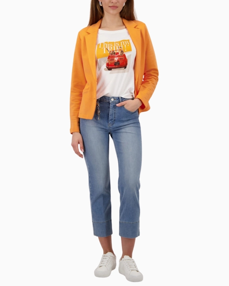 Monari orange sweat blazer styled with jeans full outfit