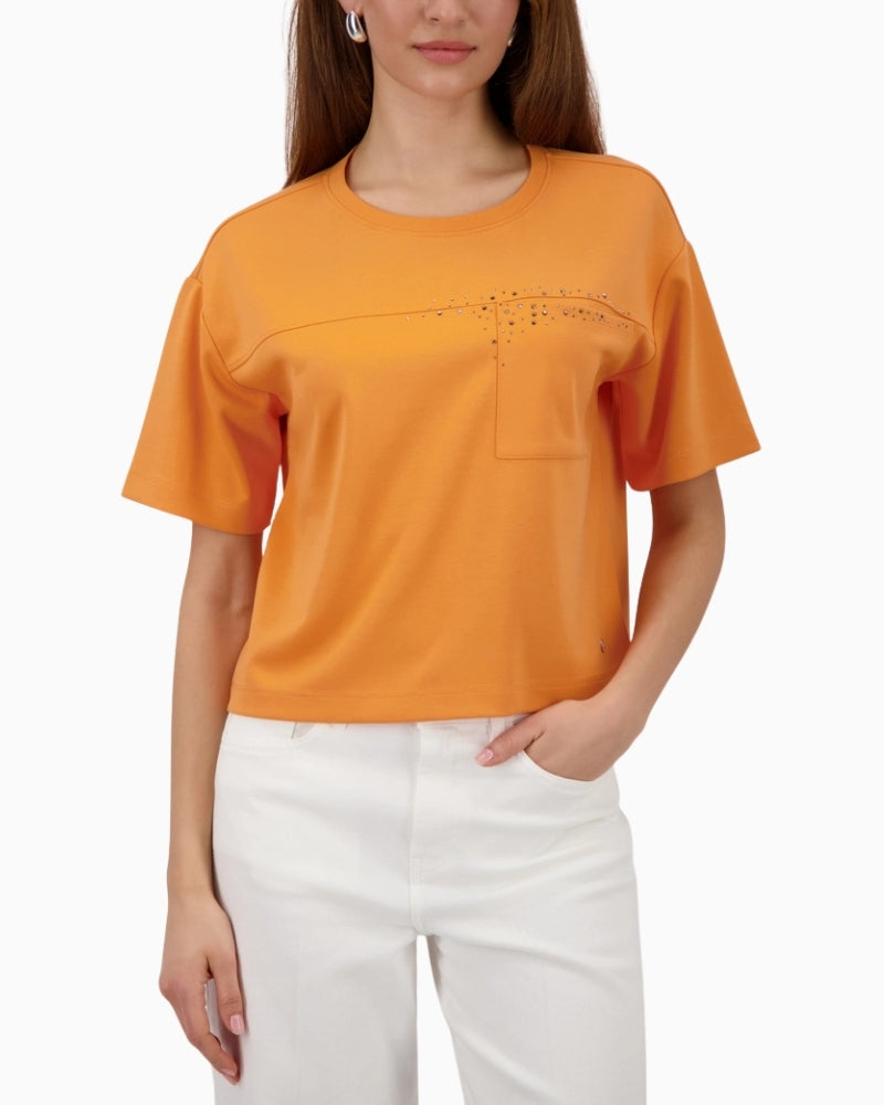 Monari orange sweatshirt with rhinestones front view chest detail