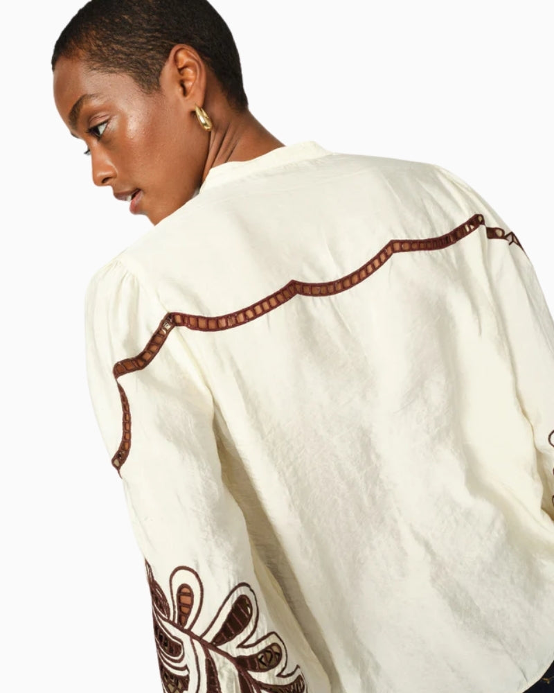 Close-up of embroidery detail on Mos Mosh Az Jorda Shirt