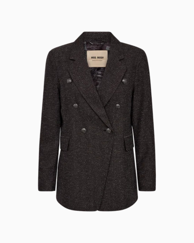 Front view of Mos Mosh Babeth blazer showing elongated silhouette and classic tailoring