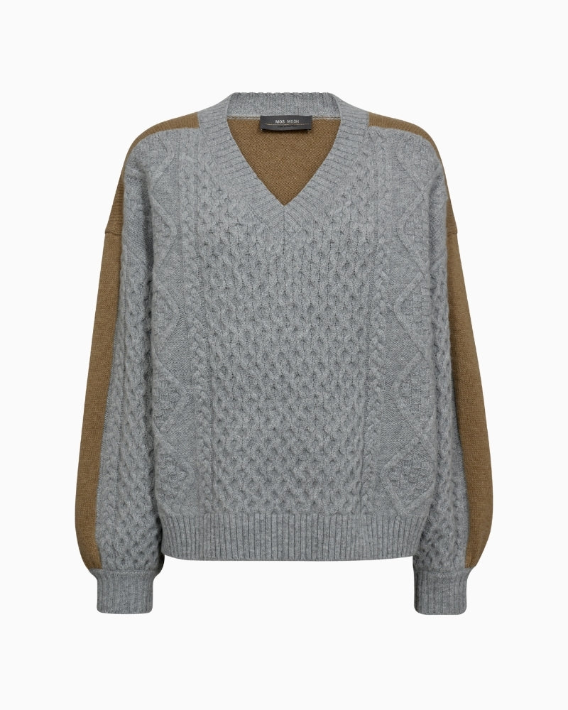 Front view of Mos Mosh Beth Ottili V-neck knit with cable detail