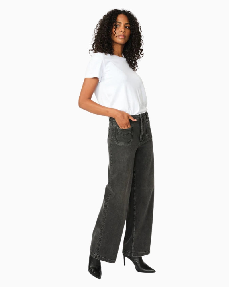 Side view of wide-leg shape and mid-rise fit