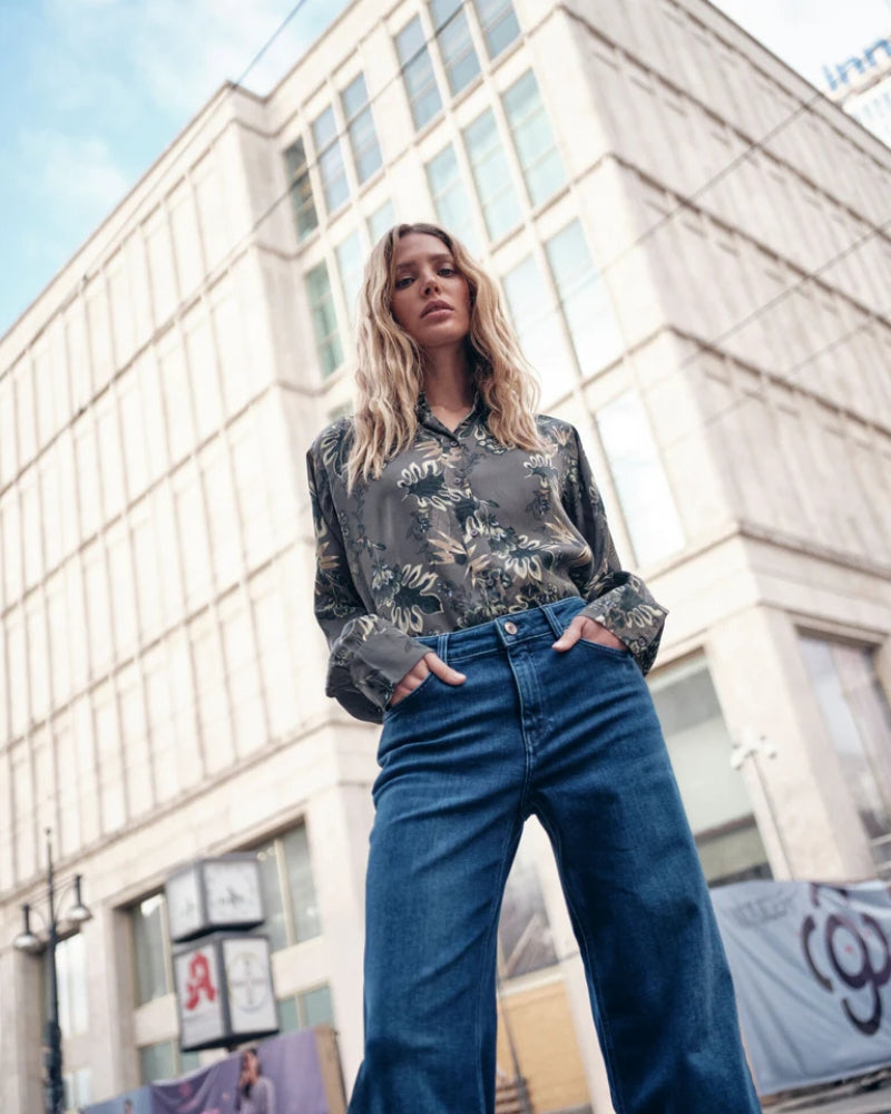 Front view of Mos Mosh Dara Hera jeans in high-rise wide-leg style with blue wash