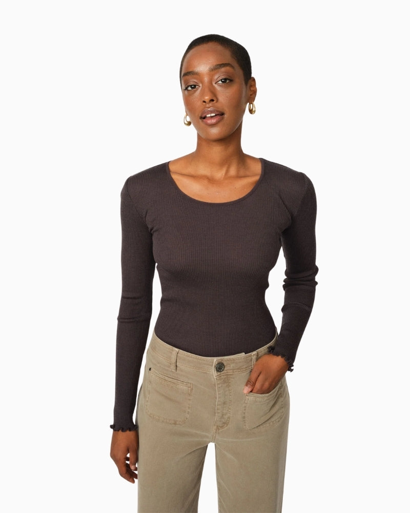 Slim ribbed long sleeve top by Mos Mosh with ruffle hem and cuffs