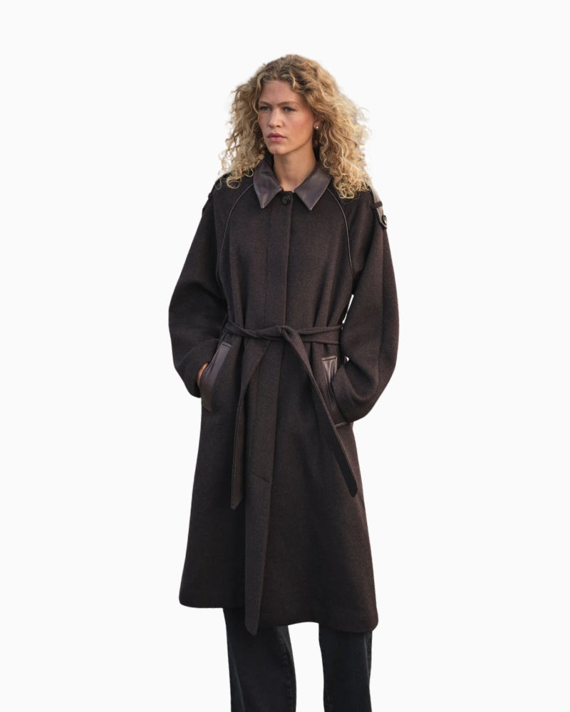 Long wool coat by Mos Mosh with leather trim and belted waist in neutral tone