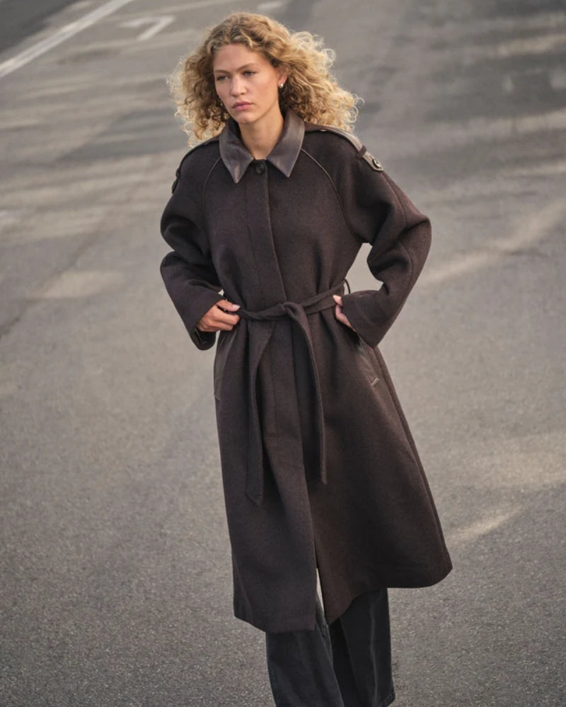 Model wearing Mos Mosh Eva wool coat styled for autumn with knitwear and boots