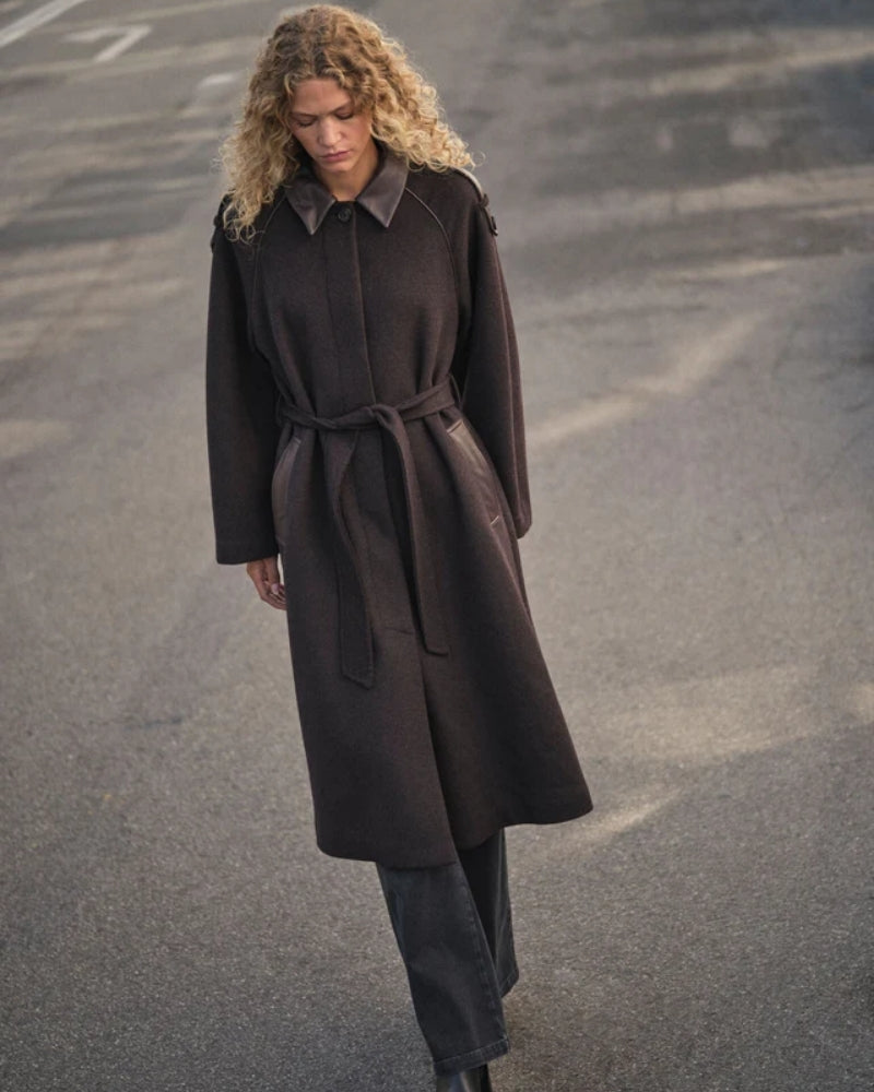 Model wearing Mos Mosh Eva wool coat styled for autumn with knitwear and boots