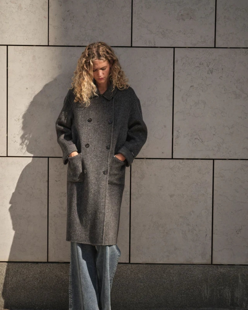 Full‑length wool blend coat with classic collar and button closure