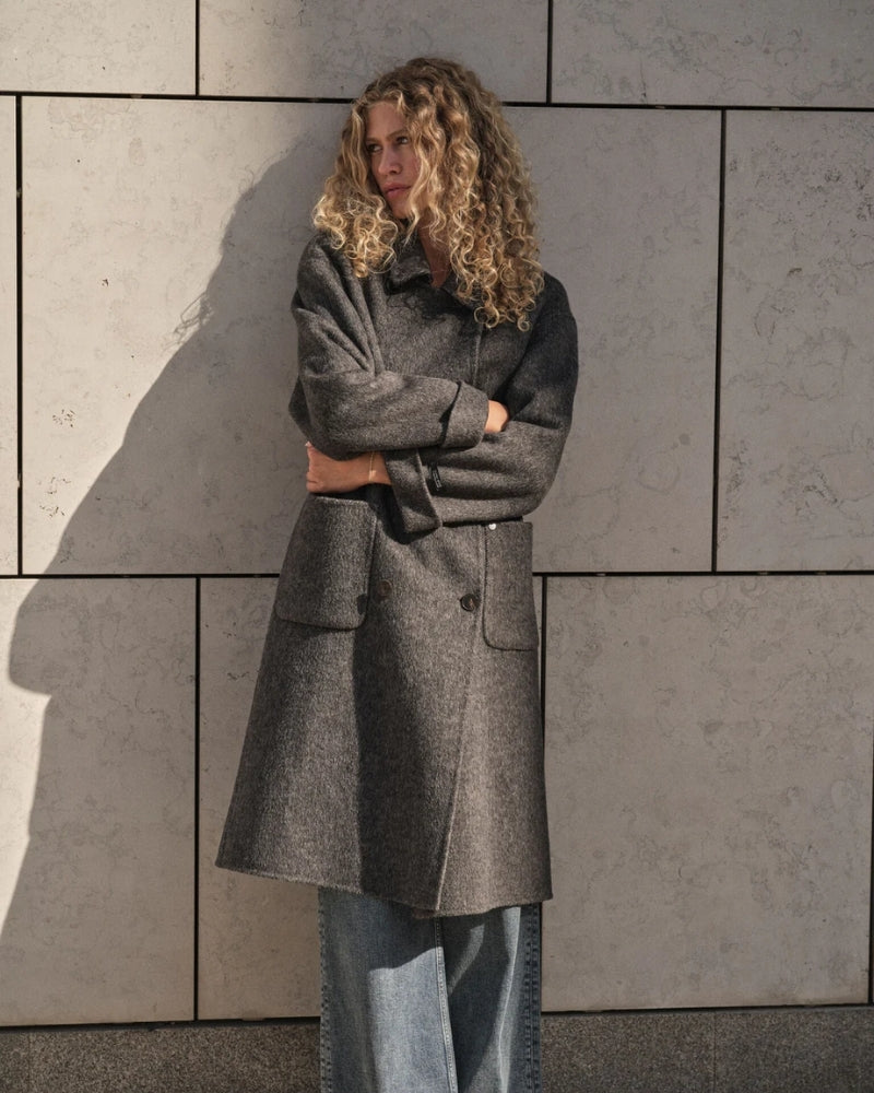 Full‑length wool blend coat with classic collar and button closure