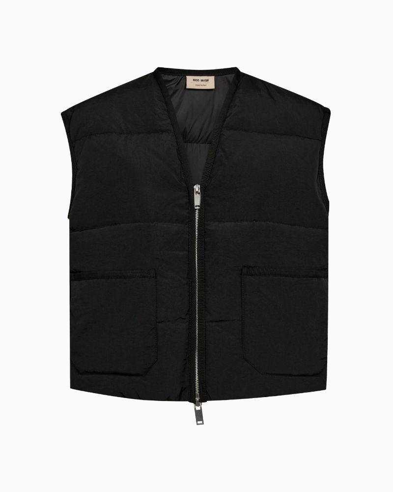 Front view of relaxed fit gilet with pockets and duck down fill