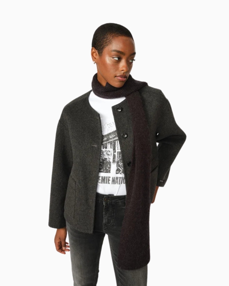 Front view of Mos Mosh Maria Loisa wool jacket in grey melange with button closure and round neckline