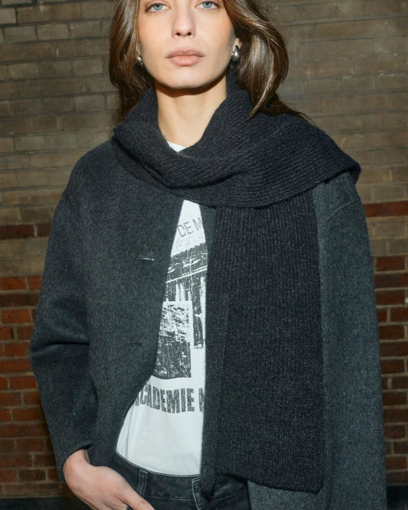 Close-up of grey melange fabric and button detail on Mos Mosh wool jacket for women