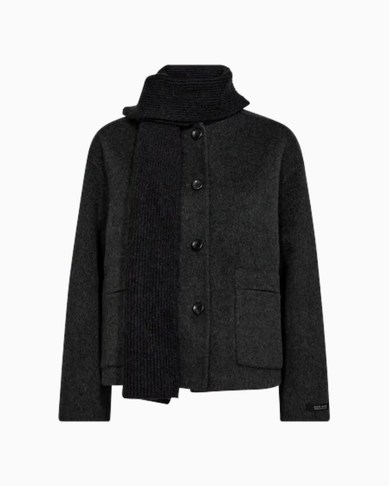 Front view of Mos Mosh Maria Loisa wool jacket in grey melange with button closure and round neckline