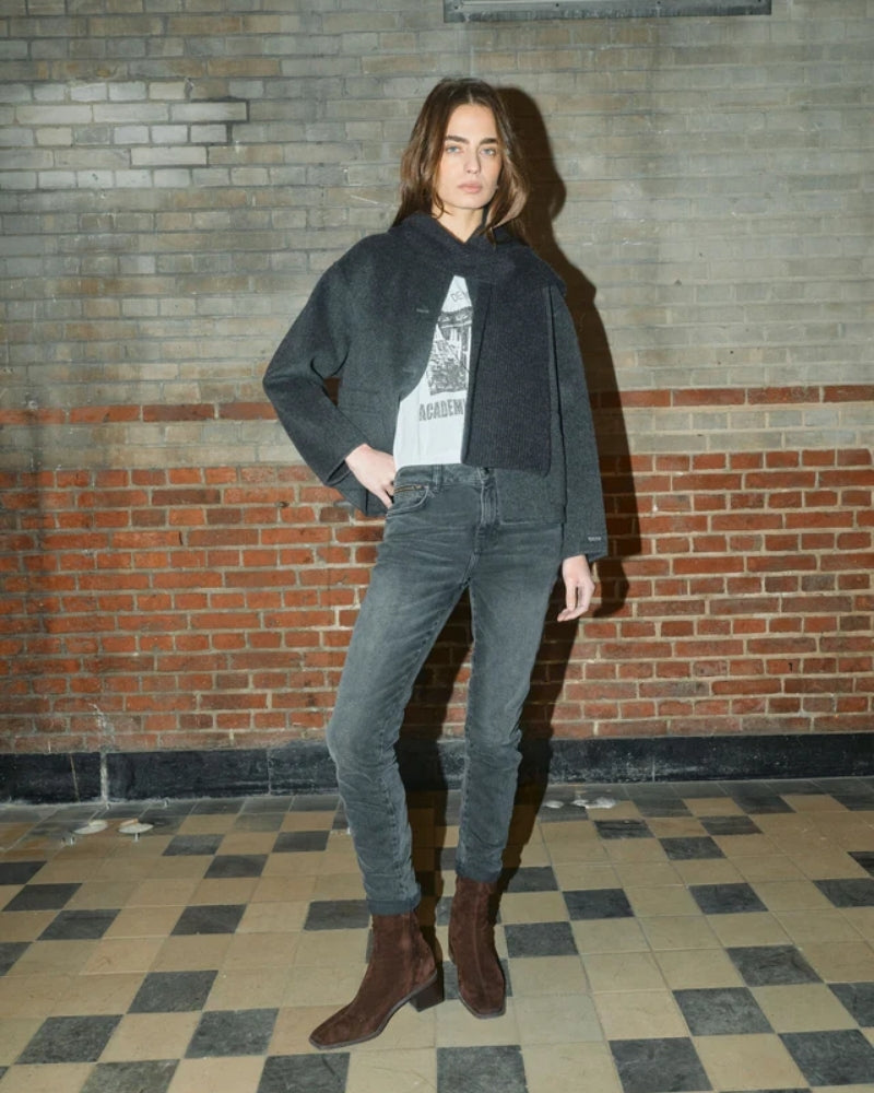 Model wearing Mos Mosh Maria Loisa wool jacket styled with jeans and knitwear for autumn layering