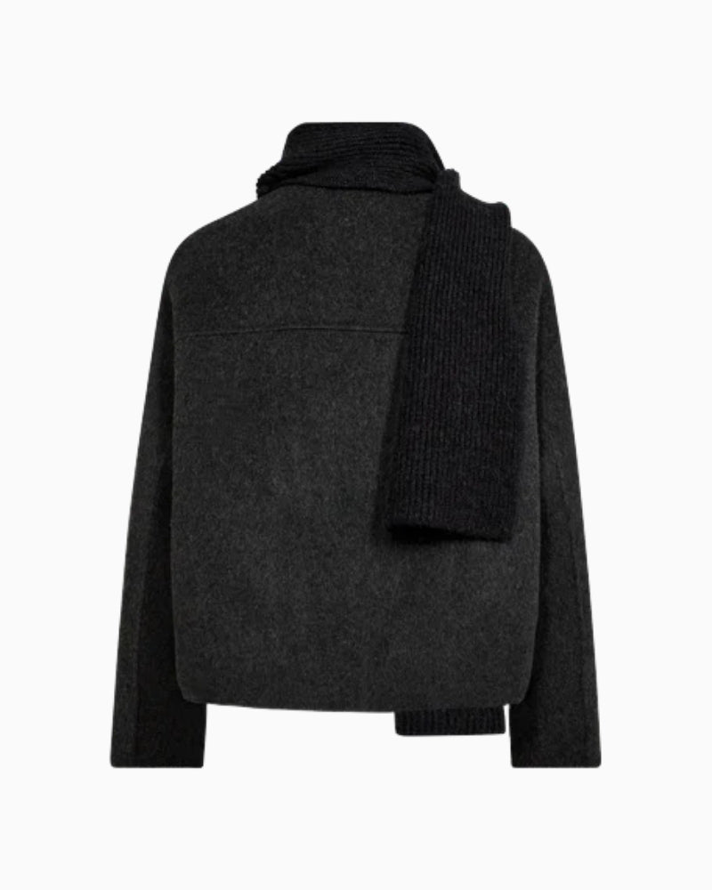 Back of short wool blend jacket by Mos Mosh showing tailored shape and collarless design