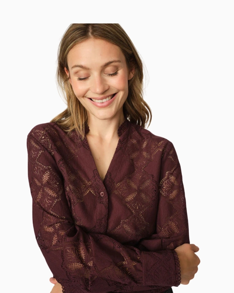 Lace shirt by Mos Mosh in black with mandarin collar and button front