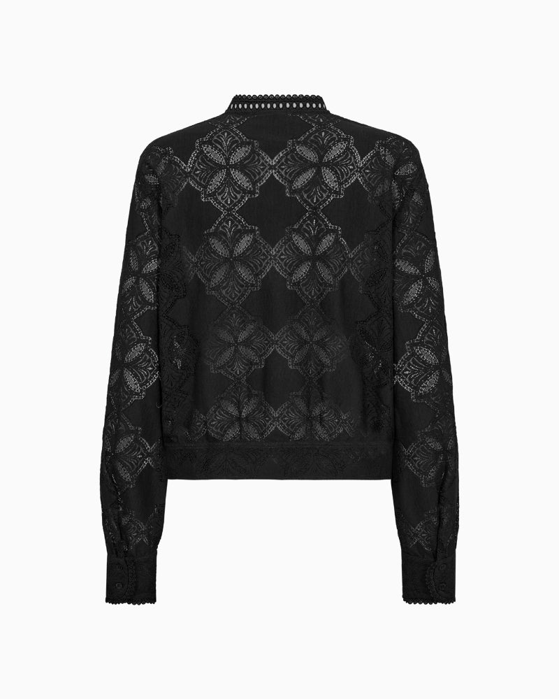Back view of Mos Mosh lace blouse showing soft fit and elegant detailing