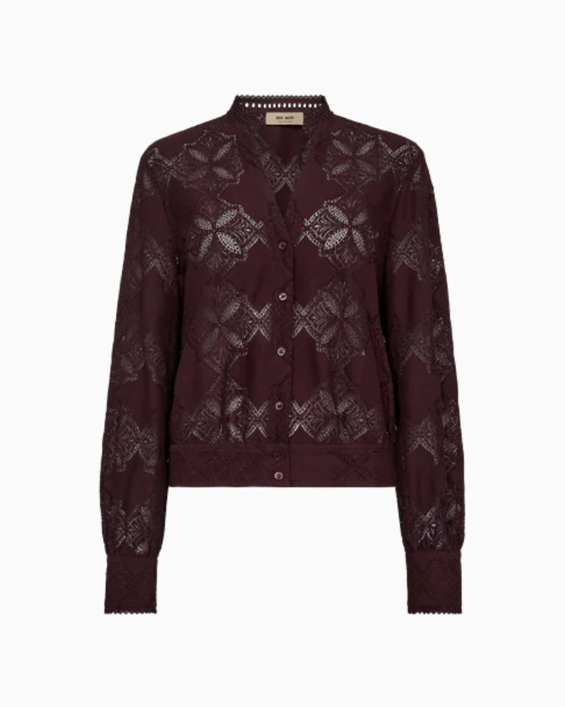 Front view of Monia Yen Lace Shirt showing intricate see-through lace pattern