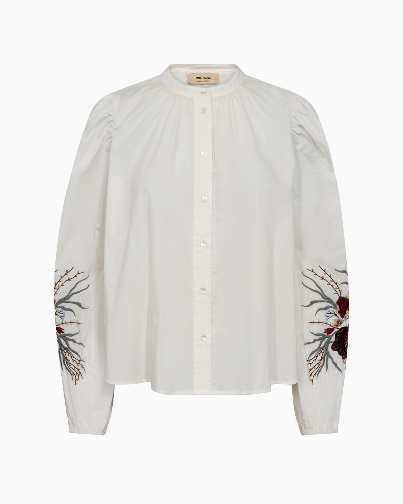 White cotton shirt by Mos Mosh with floral embroidered sleeves and mandarin collar